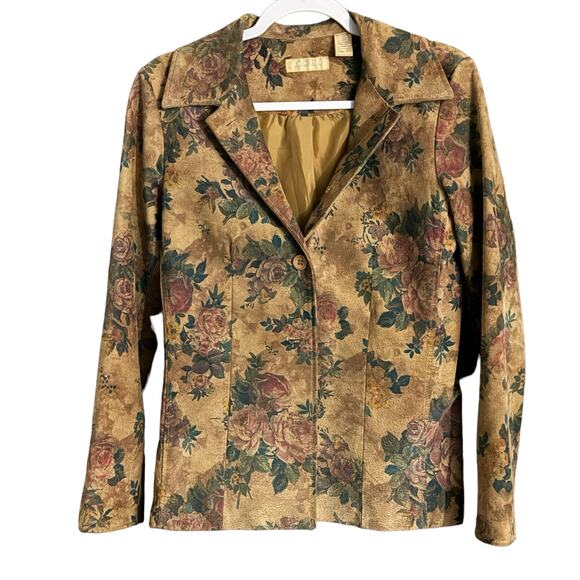 Vintage 90s Kate Hill Floral Leather Jacket – Size 4 Tan Rose Pattern Suede feel - Picture 3 of 14